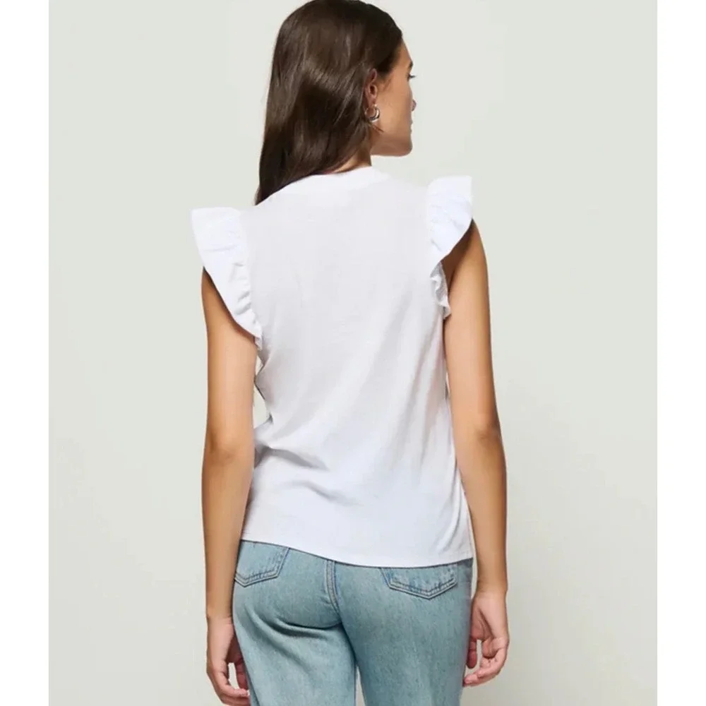 Nation LTD Paulette Ruffle Sleeve Tank Top Size M White Pima Cotton Slub Tee - Picture 7 of 16